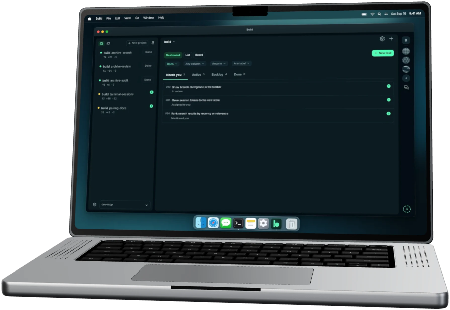 Build’s Tasks dashboard on a laptop, with three tasks under Needs you